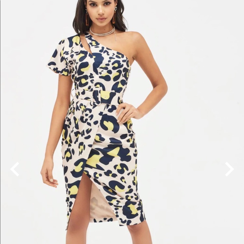Gorgeous Lavish Alice cut out one shoulder satin wrap dress in leopard print
